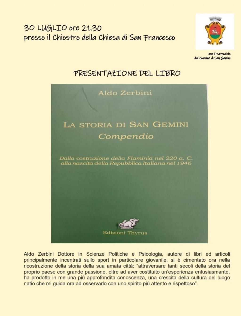 immagine 3O LUGLIO ORE 21.30  Presentazione del libro “ LA STORIA DI SAN GEMINI-COMPENDIO”  del Dott. ALDO ZERBINI